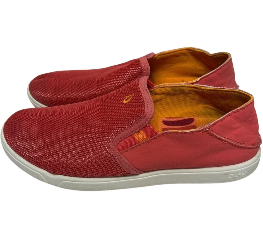 Olukai Pehuea Girls Sz 3 Orange & Pink Mesh Slip On Stretch Loafers Sneaker Shoe
